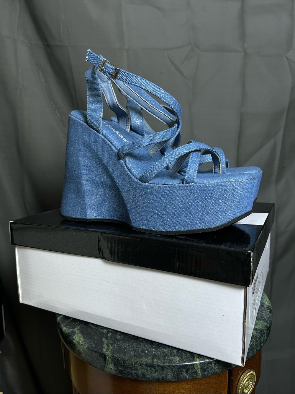 Denim Blue Platform Wedge Sandals with Ankle Strap